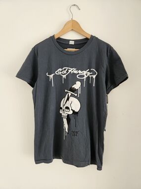 NWT Ed Hardy Shirt Mens Small Charcoal Short Sleeve Skull By Appointment Only